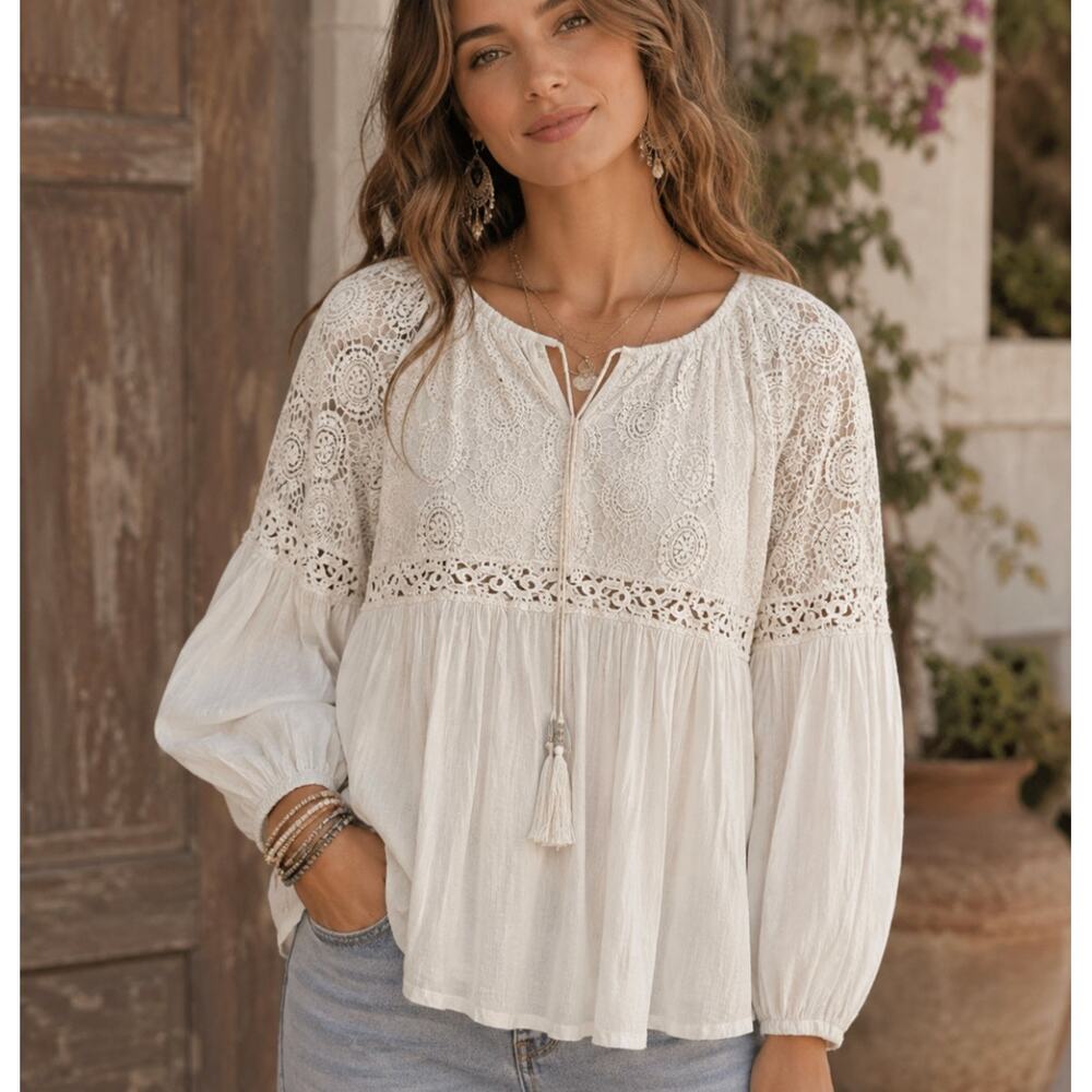 Sundance Ivory Lace Peasant Blouse Boho Indie Tassel Tie Gauze Cotton Top Size S